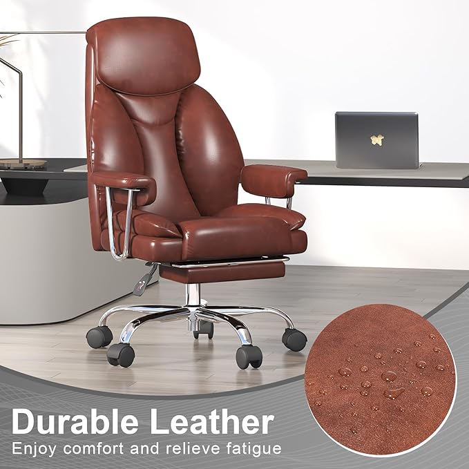 Big and Tall Office Chair, Executive Home Office Desk Chair, Comfy Leather High-Back Reclining Computer Chair with Retractable Footrest and Padded Arms, 360°Swivel Rolling Wheels, Wide Seat, Brown