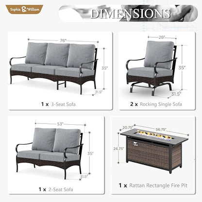 Sophia & William Patio Furniture Set with Fire Pit Table, 5 PCS Metal Outdoor Conversation Set with Fire Pit Table, 2 Sofa Chairs,1 Loveseat, 3-Seater Couch for Outdoor Seating, Backyard, Porch(Grey)