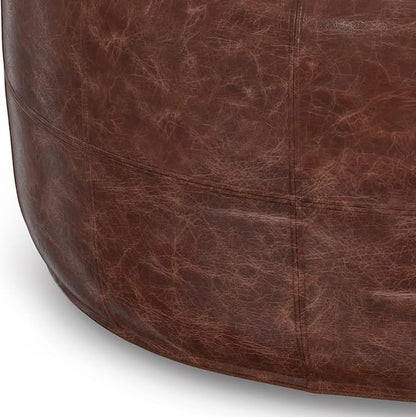 SIMPLIHOME Connor Boho Round 34 inch Round Coffee Table Pouf in Distressed Brown Genuine Leather for the Living Room, Bedroom and Kids Room