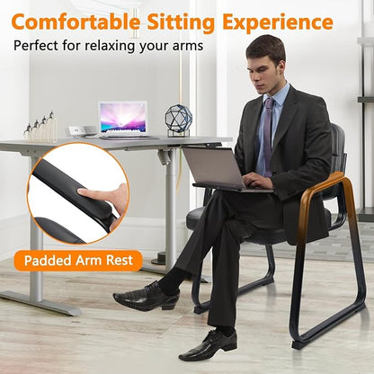 CLATINA Waiting Room Chairs no Wheels with Padded Arms Leather Guest Chair for Office Reception and Conference Desk with Sled Base Black, 4PK