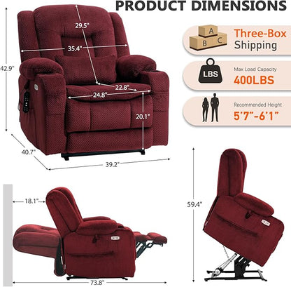 EONIX Lay Flat Power Lift Recliner Chair with Heat and Massage, Dual Motor Electric Lift Chair for Elderly for Postoperative Recovery, 400lbs Heavy Duty, Cup Holders, Lumbar Pillow, Burgundy