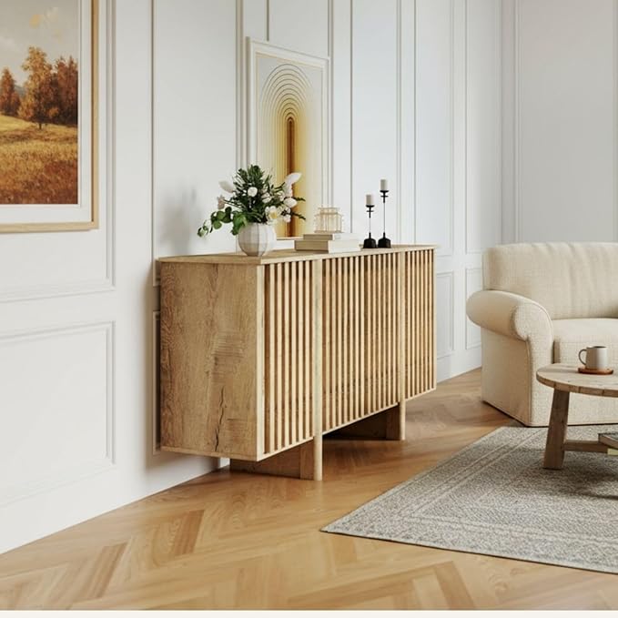 LukeAlon Fluted Sideboard Cabinet with Storage, 65" Farmhouse Accent Buffet Cabinet Credenza, Wooden Entryway Cabinets Long Console Table for Living Room Dining Room Hallway, Natural Wood Color