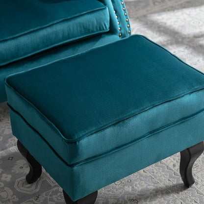 Accent Reading Arm Chairs with Ottoman Set of 2 for Living Room Bedroom, Midcentury Modern Corner Sofa Chair, Wingback Waiting Room Club Chair with Tufted Back &Lumbar Pillow, Velvet Teal
