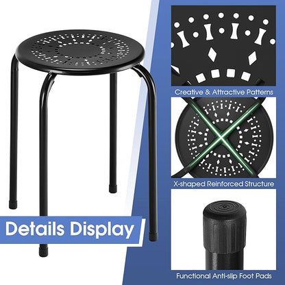 COSTWAY 6-Pack Steel Stack Stools, 17.5-Inch Height Portable Stackable Backless School Stools with Daisy Design, Round Classroom Decoration Stools Set of 6 for Kids Children Students, Black