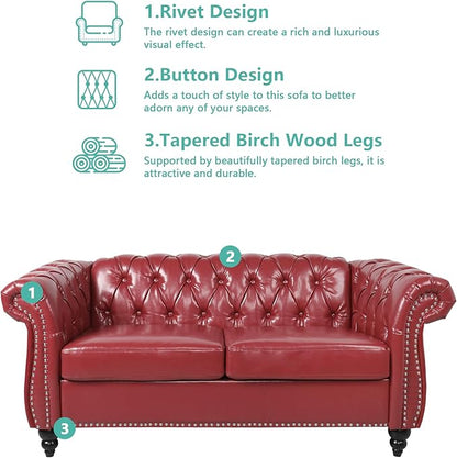 Chesterfield Loveseat Sofa, Modern Leather Small Sofa Couch 2 Seater with Rolled Arms and Nailhead, Mid Century Modern Loveseat Couch for Small Spaces Living Room Bedroom Apartment, Claret