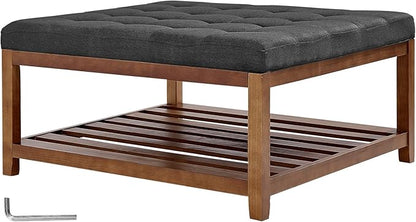 VEVOR Large Square Ottoman Coffee Table, 34.5 Inch Tufted Coffee Table with Solid Wood Shelf Storage, Linen Solid Upholstered Footrest Ottoman for Bedroom Living Room, 400 LBS, Dark Grey