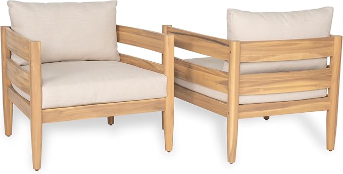 Christopher Knight Home Annie Acacia Wood Outdoor Chairs Set of 2, Patio Lounge Chair Outdoor with Slatted Back, Accent Chair with Cushions, Stylish Armchair for Balcony/Garden, Beige + Light Teak