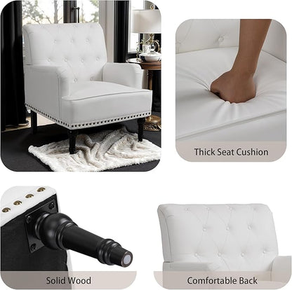 MOJAY Modern PU Leather Accent Chair Set of 2, Mid-Century Living Room Lounge Club Chair with Rivet Trim, Single Sofa Reading Arm Chair for Bedroom Home Office Study Lounges(White)