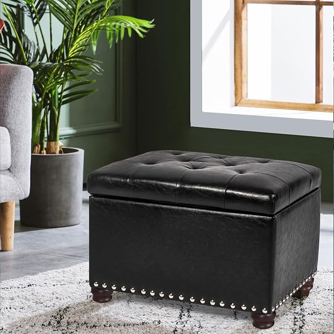 24'' Leather Storage Ottoman Rectangular Foot Rest Stool with Nailhead Trim Chests & Storage Room Organizer for Bedroom Living Room(Black)
