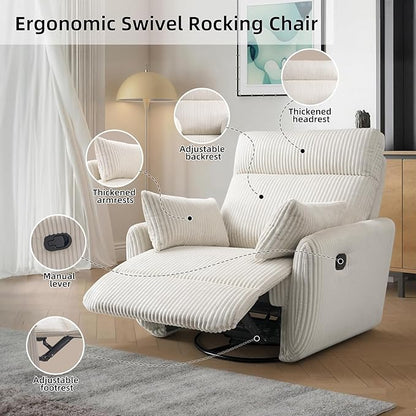 Swivel Recliner Chair for Adults, Corduroy Nursery Glider Rocking Chair, Armchair with 2 Pillows, Comfy High Back Reclining for Small Spaces, Nursery Bedroom Living Room (Corduroy Beige, 1 Pack)