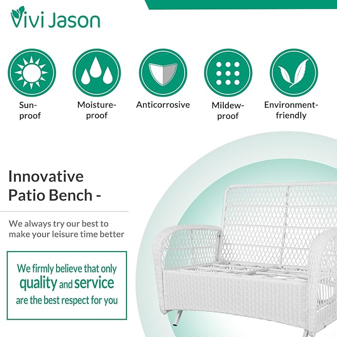 VIVIJASON 2-Piece Patio White Wicker Loveseat Glider Set Cushioned, Outdoor Conversation Furniture Sets with 2-Seater Glider Rocking Bench, Coffee Table and Cushions for Porch Garden Poolside, Grey