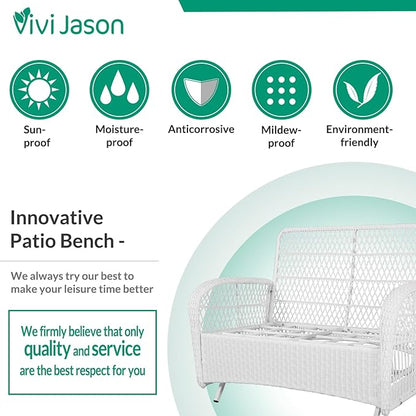 VIVIJASON 2-Piece Patio White Wicker Loveseat Glider Set Cushioned, Outdoor Conversation Furniture Sets with 2-Seater Glider Rocking Bench, Coffee Table and Cushions for Porch Garden Poolside, Grey