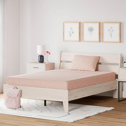 Signature Design by Ashley Full Size iKidz 7 Inch Firm Gel Memory Foam Mattress with Stretch Knit Cover & Pillow Included, Pink Coral, Fiberglass Free, Mattress in A Box