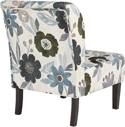 Signature Design by Ashley Triptis Floral Armless Accent Chair with Attached Cushions, Fabric Upholstery, Wood Legs, 16.63" Seat Height, White, Blue & Gray