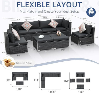 NICESOUL 8 Seater Modern Luxury Outdoor Furniture Set, Extra Large PE Wicker Patio Modular Sectional Sofa with Ottoman, 29.3'' High Back L-Shaped All-Weather Conversations, Deep Seated Grey Color