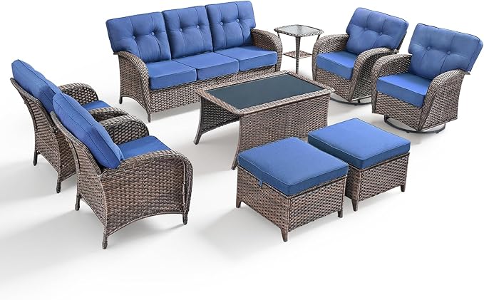 9-Piece Rotating Balcony Chair Set with 31-inch T-Shaped Wide backrest - Rattan Outdoor Rotating Balcony Chairs, Wide backrest Comfortable Outdoor Sliding Chair - Brown | Blue