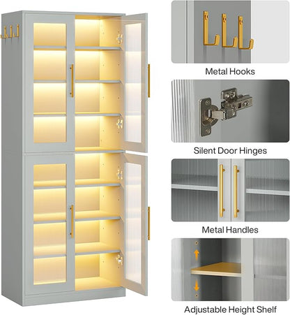 Tribesigns Tall Shoe Cabinet with Acrylic Doors and LED Lights, 8-Tier Shoe Organizer Storage Rack with Adjustable Shelves and Hanging Hooks for Narrow Closet, Hallway, Living Room, Gray (Set of 2)