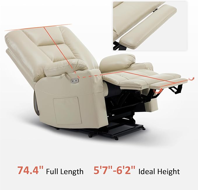 MCombo Oversized Power Lift Recliner Chair with Massage and Heat for Big and Tall Elderly People, Cup Holders, USB Ports, Side Pockets, Faux Leather R7541 (Beige, Large-Oversize)