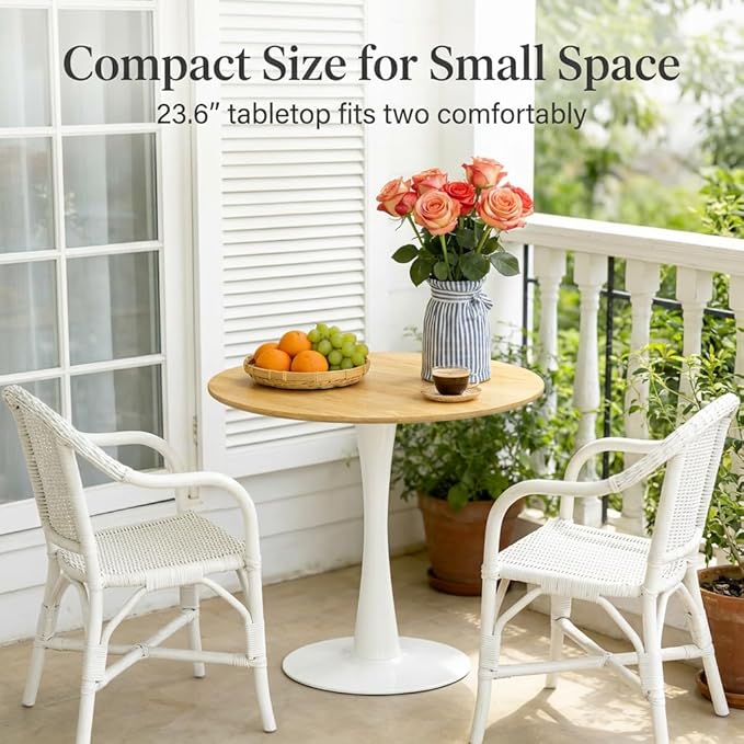 23.62" Small Round Dining Table for 2 – Durable & Well-Made Tulip Table with Sturdy Metal Frame, Compact 2-Seater Kitchen or Dining Room Table for Small Spaces, Apartments, Café, Restaurant, Office