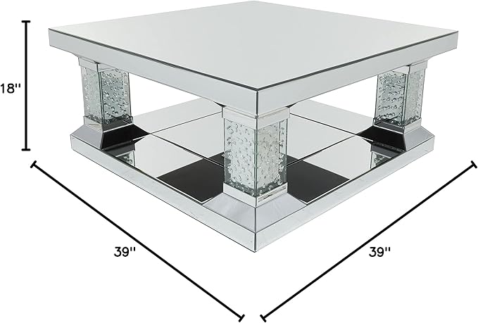 Deco 79 Wood Mirrored Coffee Table with Crystal Embellishments, 39" x 39" x 18", Silver