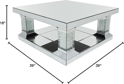 Deco 79 Wood Mirrored Coffee Table with Crystal Embellishments, 39" x 39" x 18", Silver