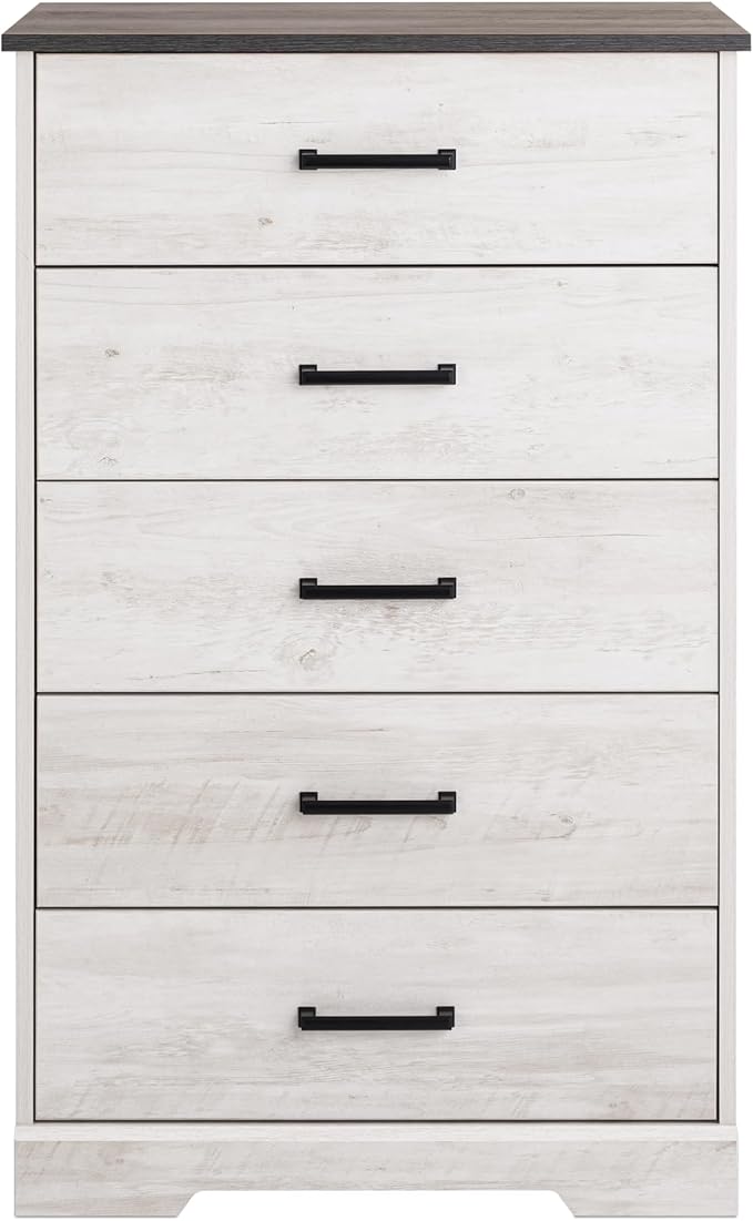 Prepac Rustic Ridge Farmhouse Dresser, Washed White Dresser for Bedroom, Chest of Drawers with 5 Drawers 18.5" D x 27.5" W x 43.5" H, ABDR-1605-1