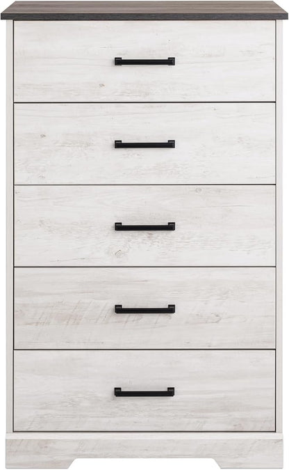 Prepac Rustic Ridge Farmhouse Dresser, Washed White Dresser for Bedroom, Chest of Drawers with 5 Drawers 18.5" D x 27.5" W x 43.5" H, ABDR-1605-1