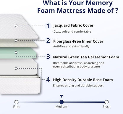 Twin Mattress 10 Inch Green Tea Memory Foam Mattress for Cool Sleep & Pressure Relief, Medium Feel Support,Fiberglass Free, Bed in a Box, Removable Washable Cover, CertiPUR-US Certified