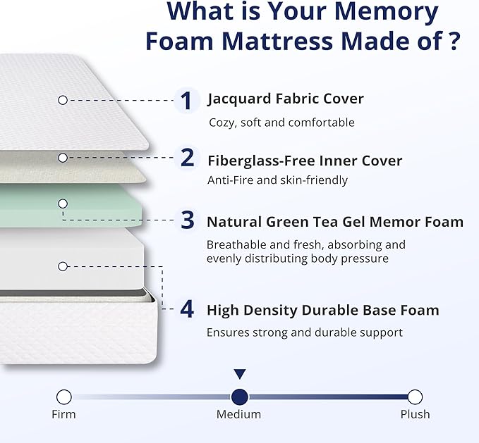 Twin XL Mattress 8 Inch Green Tea Memory Foam Mattress for Cool Sleep & Pressure Relief, Medium Feel Support, Fiberglass Free, Bed in a Box, Removable Washable Cover, CertiPUR-US Certified