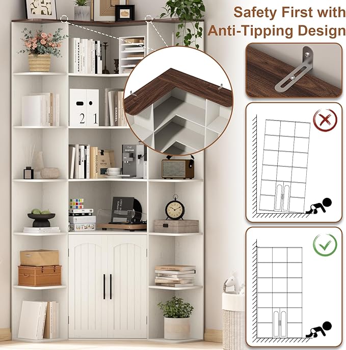 74" Tall Corner Bookshelf with 2 Arched Doors, 6-Tire L Shaped Bookcase with 16 Open Storage Shelves, Rustic Large Corner Shelf with Cabinet for Living Room, Home Office