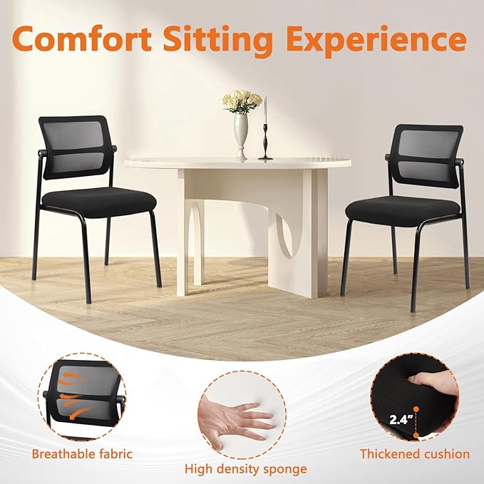 CLATINA Stacking Armless Office Waiting Room Chair with Adjustable Backrest, Mesh Stackable Guest Reception Desk Chairs with Ergonomic Lumbar Support for Home Conference Lobby Side School, Black, 8PK