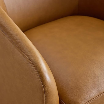 AEDI Genuine Leather Swivel Accent Chair with Solid Wood Base, Upholstered Barrel Armchair for Living Room, Modern Small Club Chair,Genuine Leather,Camel