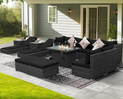 NICESOUL 13 Piece Patio Sectional with Chaise Lounge, Full Size Outdoor Set with Firepit Lounges for 10-Persons, Fade/Water Resistant Sturdy Conversation Seating Sofas, Gray Rattan & Black Cushion