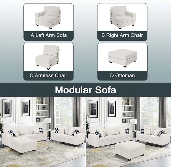 Legend Vansen Modular Sectional Sofa U Shaped Couch with Ottoman Modern Reversible Corner Sectional Couch for Living Room (Cream, 2+3 with Ottoman)