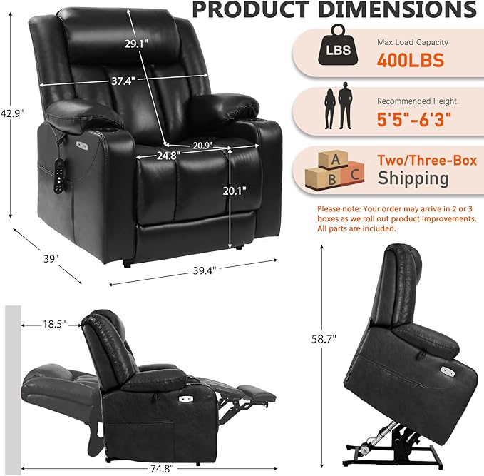 EONIX Dual Motor Oversized Power Lift Recliner Chair for Elderly, 400lbs Heavy Duty Faux Leather Recliner with Massage and Heat, Lay Flat Big and Tall Lift Chair with Cup Holders, Black