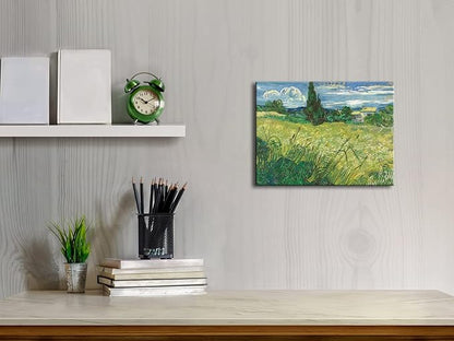 Wieco Art Modern Abstract Giclee Canvas Prints Wall Art Green Field 1889 by Van Gogh Famous Oil Paintings Reproduction Artwork Stretched and Framed Landscape Picture for KitchenDecoration