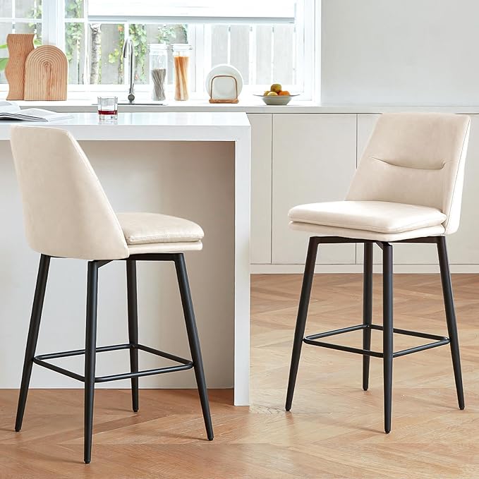 Beige Counter Height Bar Stools Set of 2, 26 Inch Seat Height with Back and Metal Legs, 360° Swivel Upholstered Faux Leather Swivel Bar Stools