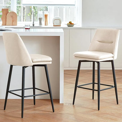 Beige Counter Height Bar Stools Set of 2, 26 Inch Seat Height with Back and Metal Legs, 360° Swivel Upholstered Faux Leather Swivel Bar Stools