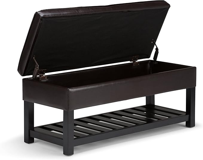 SIMPLIHOME Cosmopolitan 44 inch Wide Transitional Rectangle Storage Ottoman Bench with Open Bottom in Tanners Brown Vegan Faux Leather, Assembled for the Living Room and Bedroom