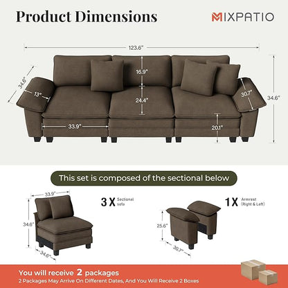 123" Cloud Modular Sectional Sofa, 3-Seater w/Deep Seat & Removable Arms, Plush Chenille for Living Room - Taupe
