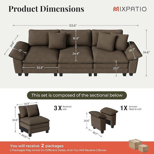 123" Cloud Modular Sectional Sofa, 3-Seater w/Deep Seat & Removable Arms, Plush Chenille for Living Room - Taupe