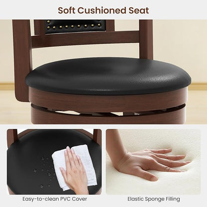 COSTWAY Bar Stools Set of 2, 30.5” Swivel Upholstered Bar Height Bar Stool with Curved Backrest & Cushioned Seat, Solid Rubber Wood Legs & Resting Footrest, for Kitchen Island (2, 30.5”)
