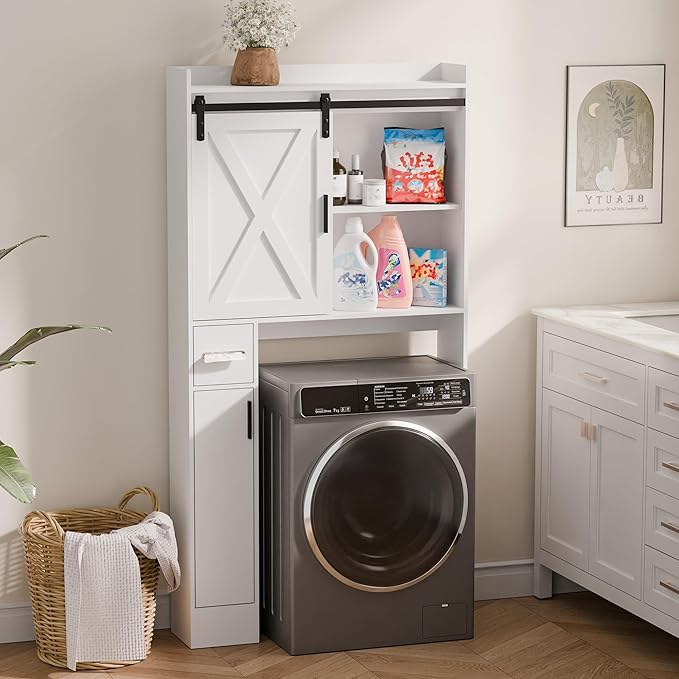 MU Over The Toilet Storage Cabinet with Doors, 32" Bathroom Storage Organizer with Side Shelves, Space-Saving Toilet Storage Rack for Bathroom, Laundry (Sliding Barn Door)
