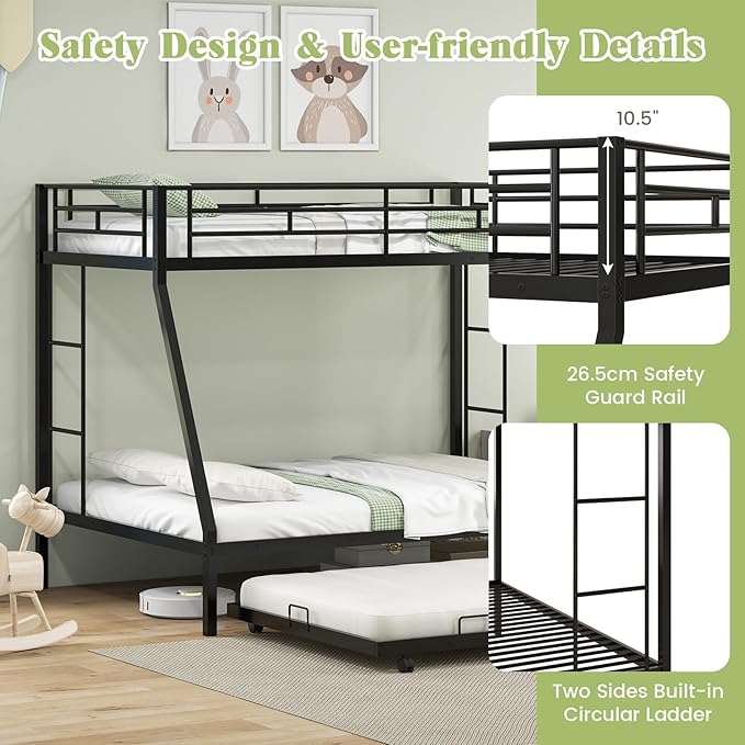 Giantex Twin Over Full Bunk Bed with Trundle, Heavy-Duty Metal Triple Bunk Beds w/Two Side Ladders & Safety Guard Rail, 3 in 1 Bunk Beds for Kids Teens, No Box Spring Needed, Black