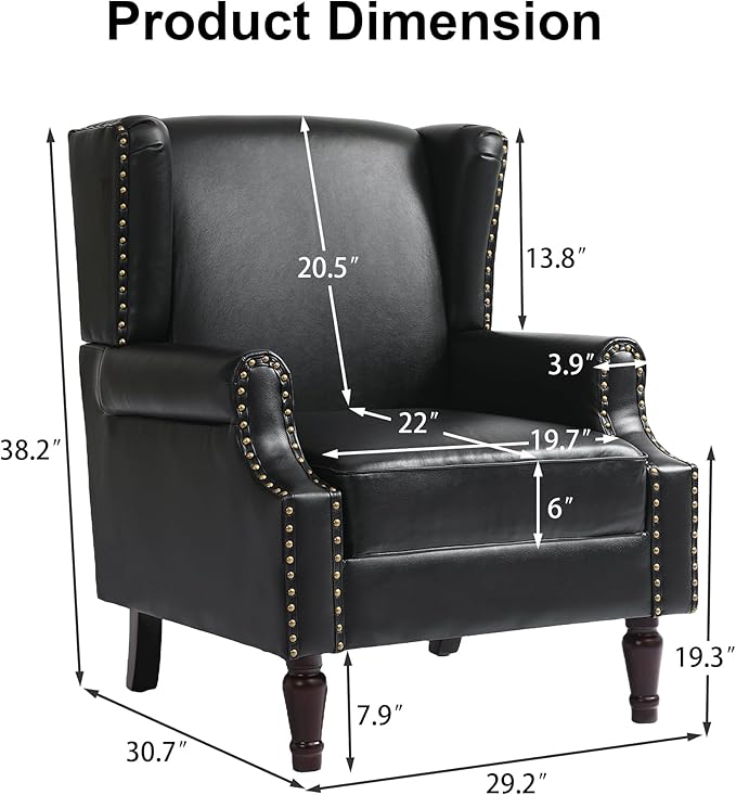 Pia Ricco Set of 2 Faux Leather Accent Chairs, High Back Wingback Armchairs with Retro Floral Design, Nailhead Trim & Solid Wood Legs for Living Room Bedroom (Black)