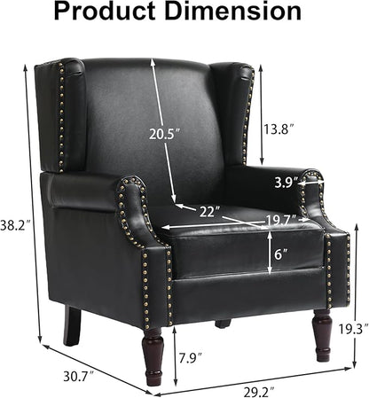Pia Ricco Set of 2 Faux Leather Accent Chairs, High Back Wingback Armchairs with Retro Floral Design, Nailhead Trim & Solid Wood Legs for Living Room Bedroom (Black)