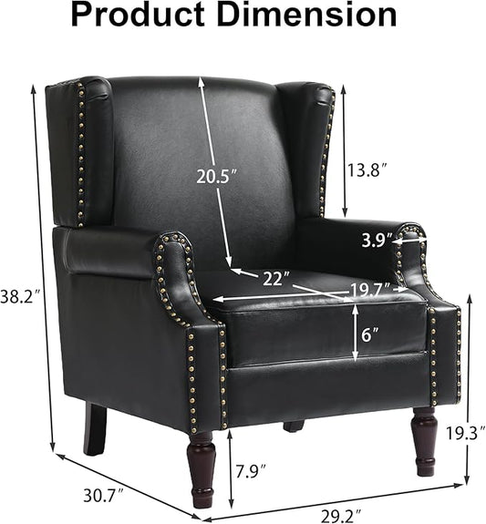 Pia Ricco Set of 2 Faux Leather Accent Chairs, High Back Wingback Armchairs with Retro Floral Design, Nailhead Trim & Solid Wood Legs for Living Room Bedroom (Black)