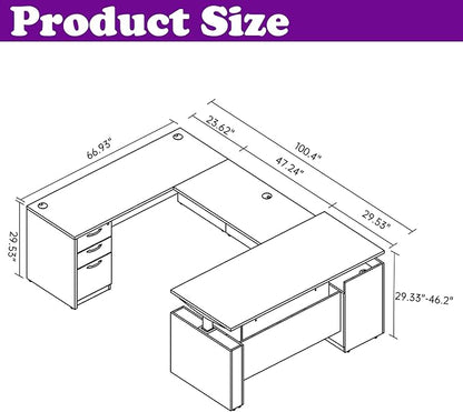 100.4'' Height Adjustable U-Shaped Executive Desk with 3-Drawer File Cabinet and Shelves (Grey-U)