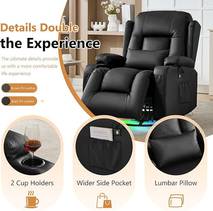 URRED Rocker Recliner Chair for Adults, 270° Swivel Glider Reclining Single Sofa with LED Ambient Light, Cup Holders and Side Pockets, Faux Leather Recliner for Living Room or Home Theater, Black