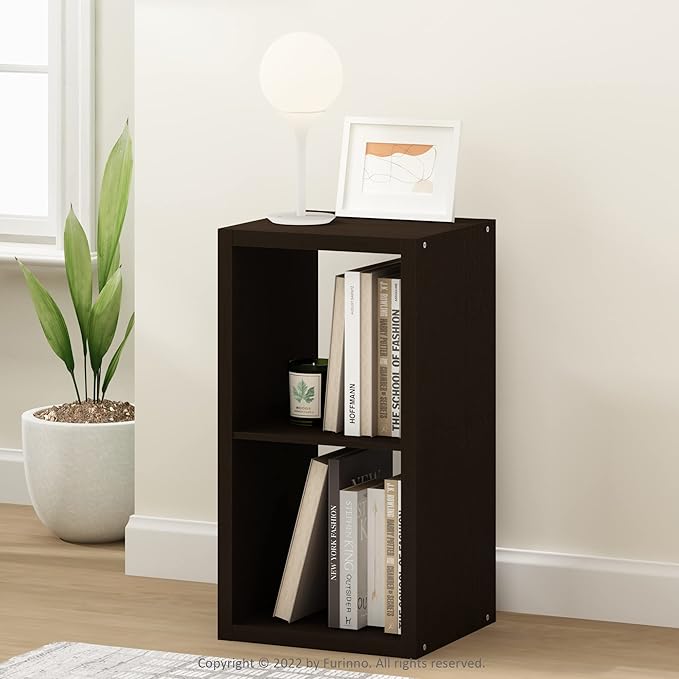 Furinno CUBICLE Book Shelf, 2-Cube Thick Frame Bookshelf, Horizontally & Vertically Reversible Bookcase with Open Back, 14.6 x 15.9 x 30, for Living Room, Bedroom, Home Office, Black Dark Oak